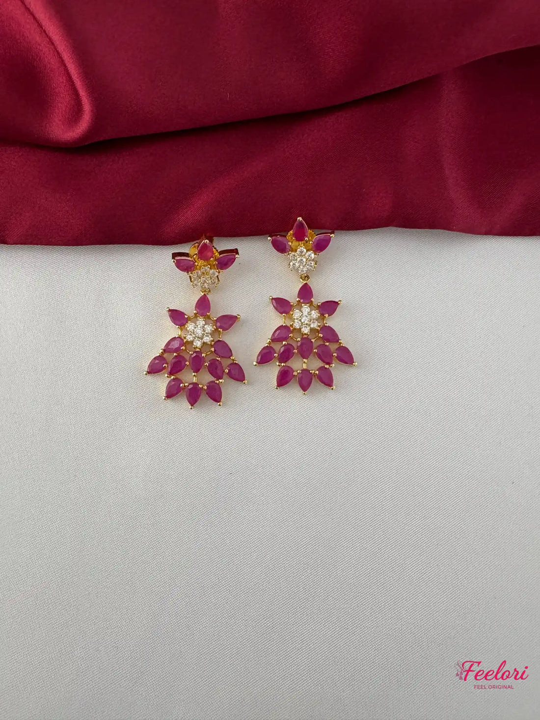 FeelOri Gold Plated Ruby-Tone Marquise Petal Floral Necklace Set - Radiant Bloom - FeelOri Indian fashion jewellery view 3
