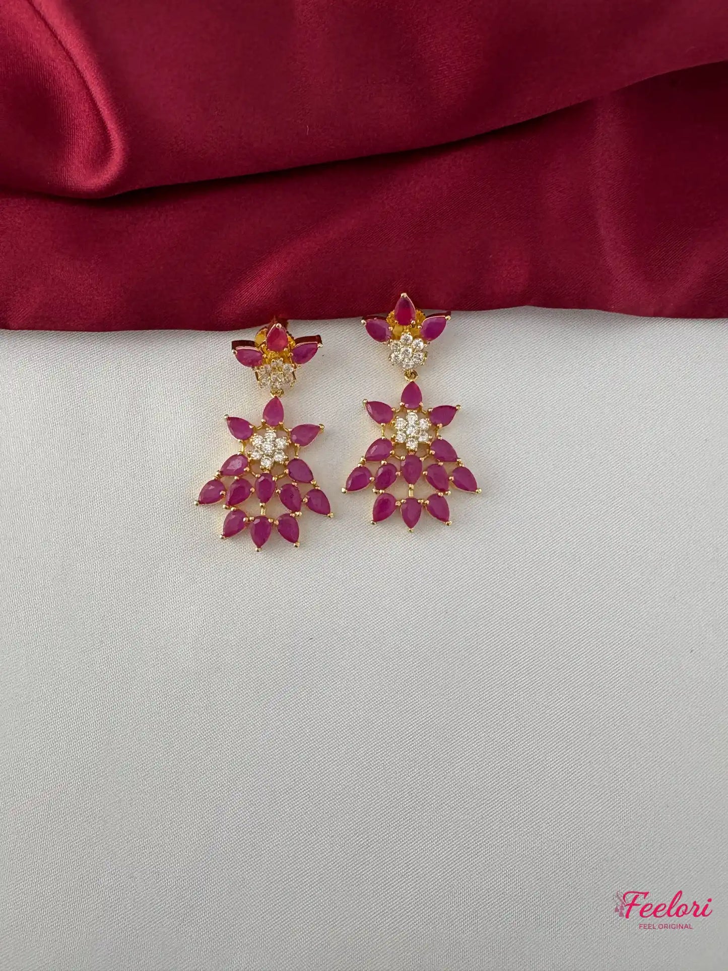 FeelOri Gold Plated Ruby-Tone Marquise Petal Floral Necklace Set - Radiant Bloom - FeelOri Indian fashion jewellery view 3