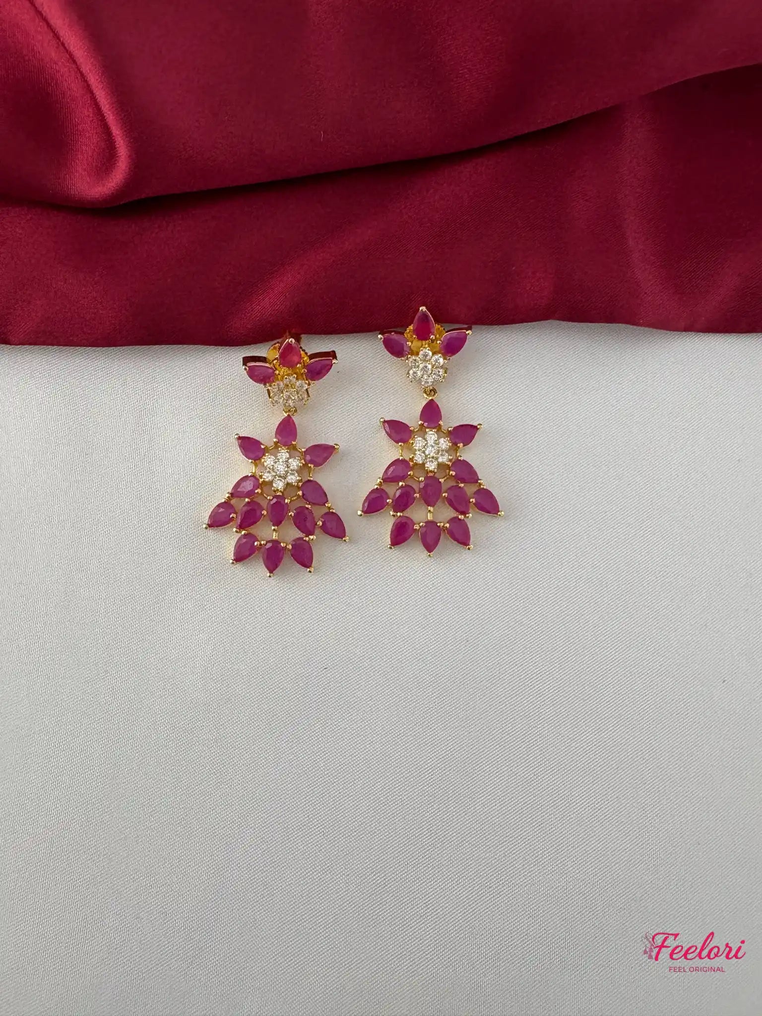 FeelOri Gold Plated Ruby-Tone Marquise Petal Floral Necklace Set - Radiant Bloom - FeelOri Indian fashion jewellery view 3