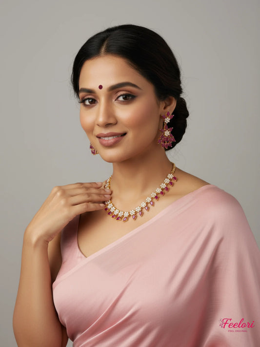 FeelOri Gold Plated Ruby Marquise Petal Floral Necklace Set - Radiant Bloom - Gold and Ruby - Lifestyle