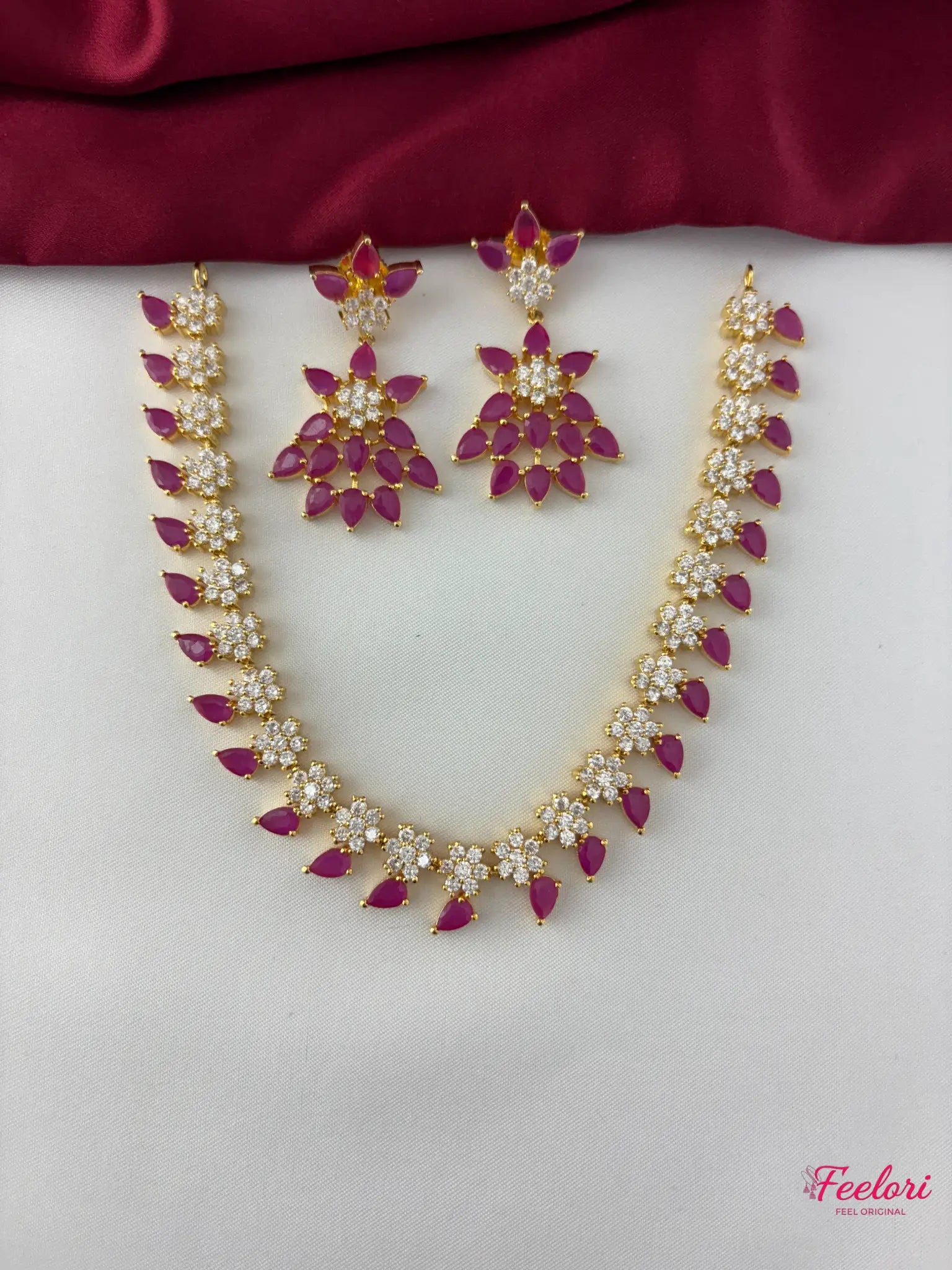FeelOri Gold Plated Ruby-Tone Marquise Petal Floral Necklace Set - Radiant Bloom - FeelOri Indian fashion jewellery view 1