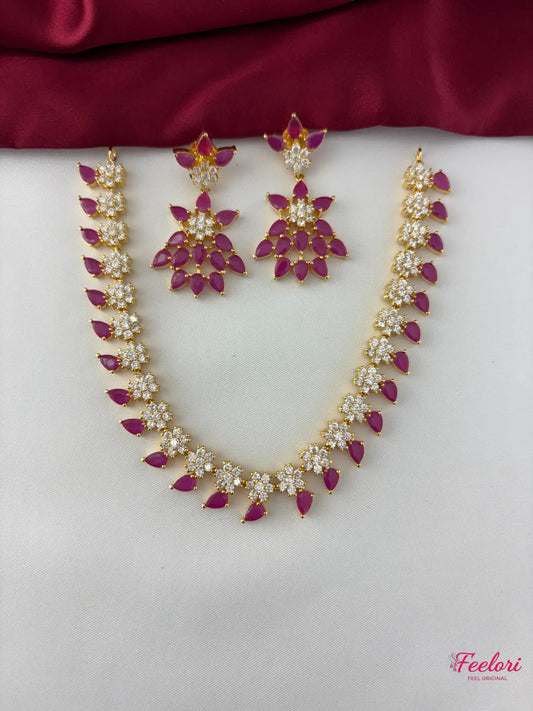 FeelOri Gold Plated Ruby Marquise Petal Floral Necklace Set - Radiant Bloom