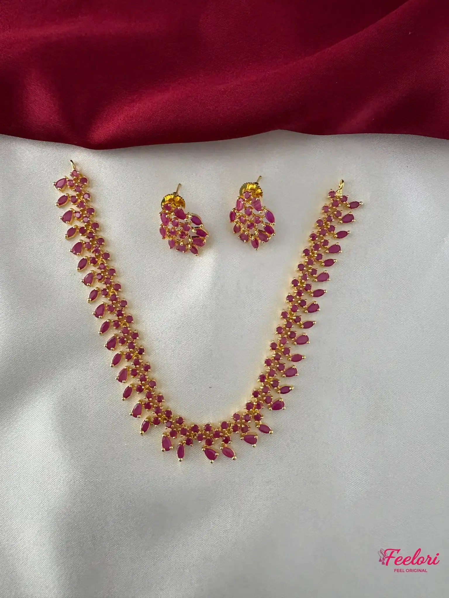 FeelOri Gold Plated Ruby Marquise Petal Necklace Set - Front view showcasing the intricate arrangement of Ruby-Tone CZ-hued stones.