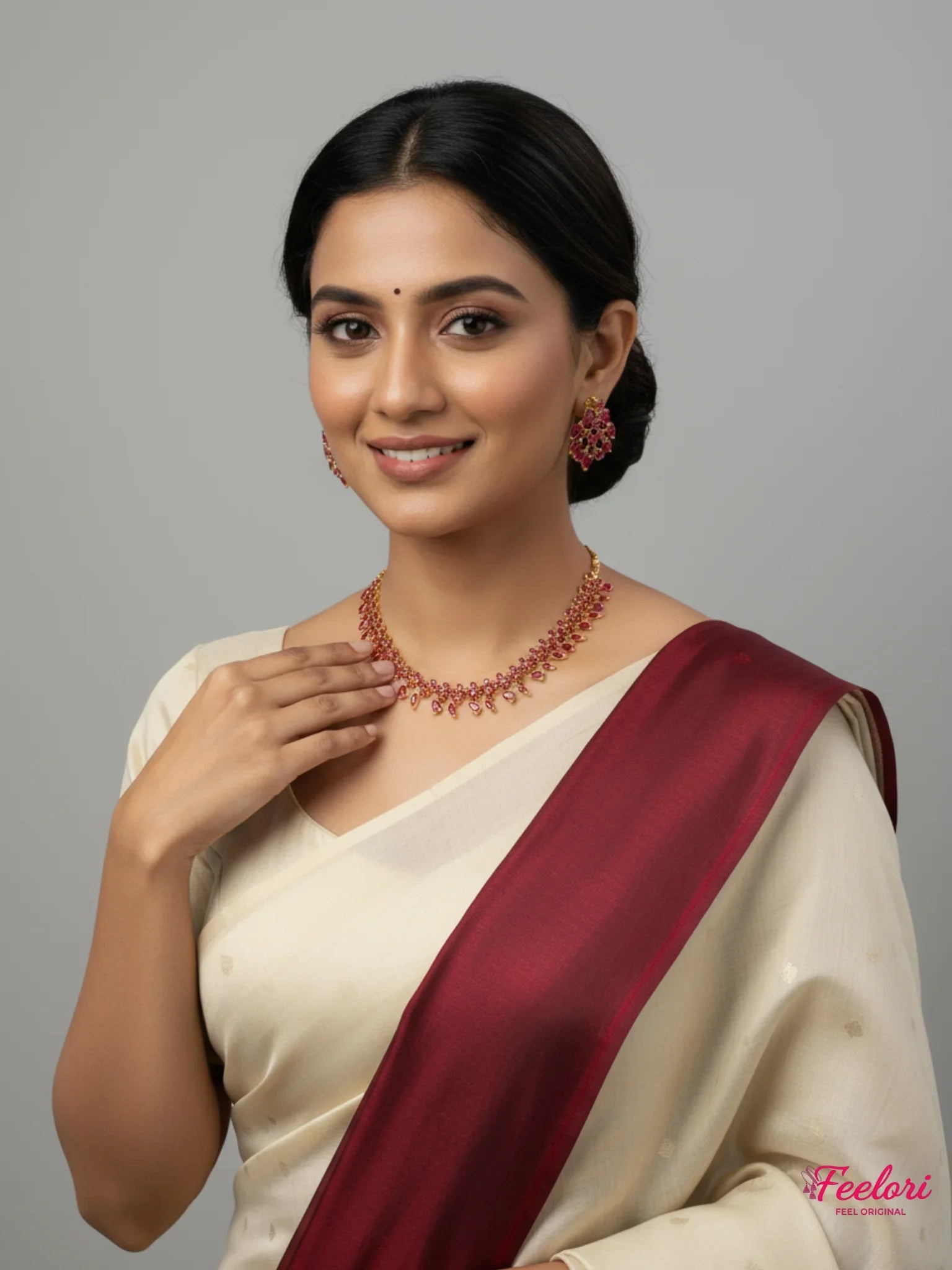 FeelOri Gold Plated Ruby Necklace Set - Model in silk saree displaying elegant jewelry