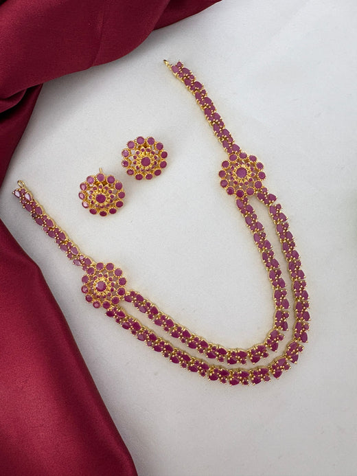 FeelOri Gold Plated Ruby-Tone CZ Short Necklace Set with matching earrings, displayed on a white and maroon background. Perfect for everyday elegance.