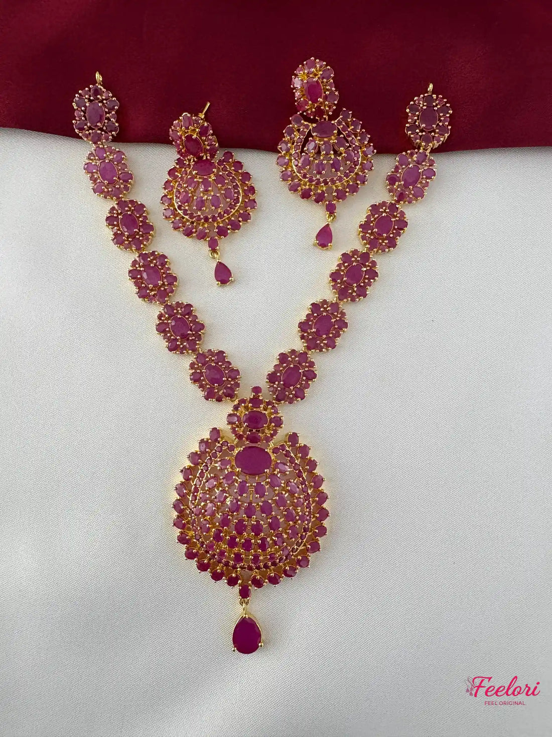 FeelOri Gold Plated Ruby-Tone Oval Petal Necklace Earring Set - Grandeur Collection - FeelOri Indian fashion jewellery view 1