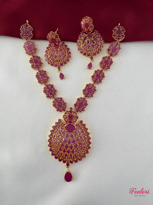 FeelOri Gold Plated Ruby Oval Petal Necklace Earring Set - Grandeur Collection