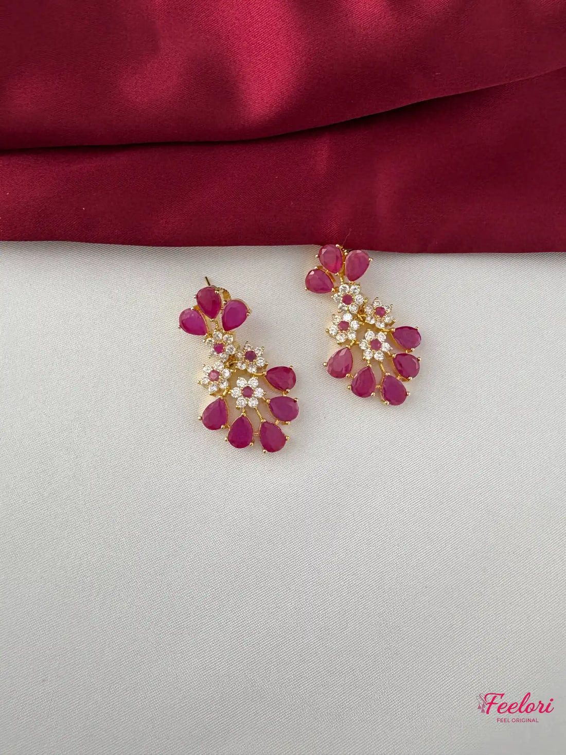 FeelOri Gold Plated Ruby-Tone Petal Cluster Necklace Set - Garland Design - FeelOri Indian fashion jewellery view 3