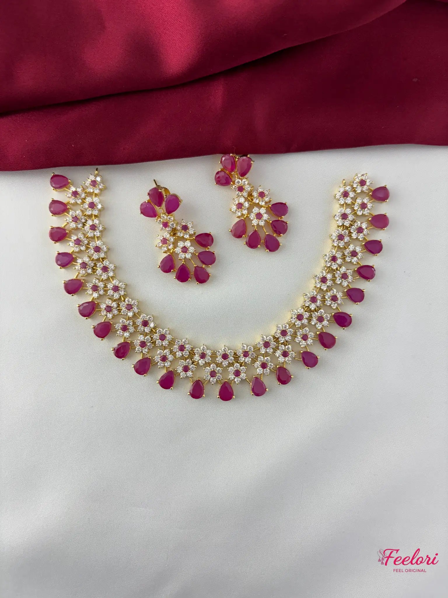 FeelOri Gold Plated Ruby-Tone Petal Cluster Necklace Set - Garland Design - FeelOri Indian fashion jewellery view 1