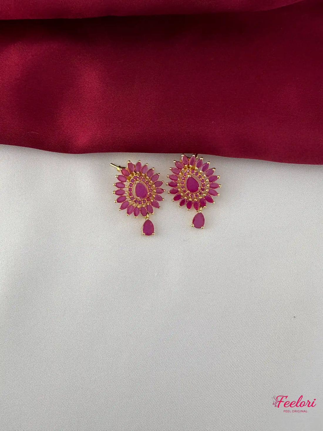 FeelOri Gold Plated Ruby-Tone Petal Necklace Set - Circular Pendant Design - FeelOri Indian fashion jewellery view 3