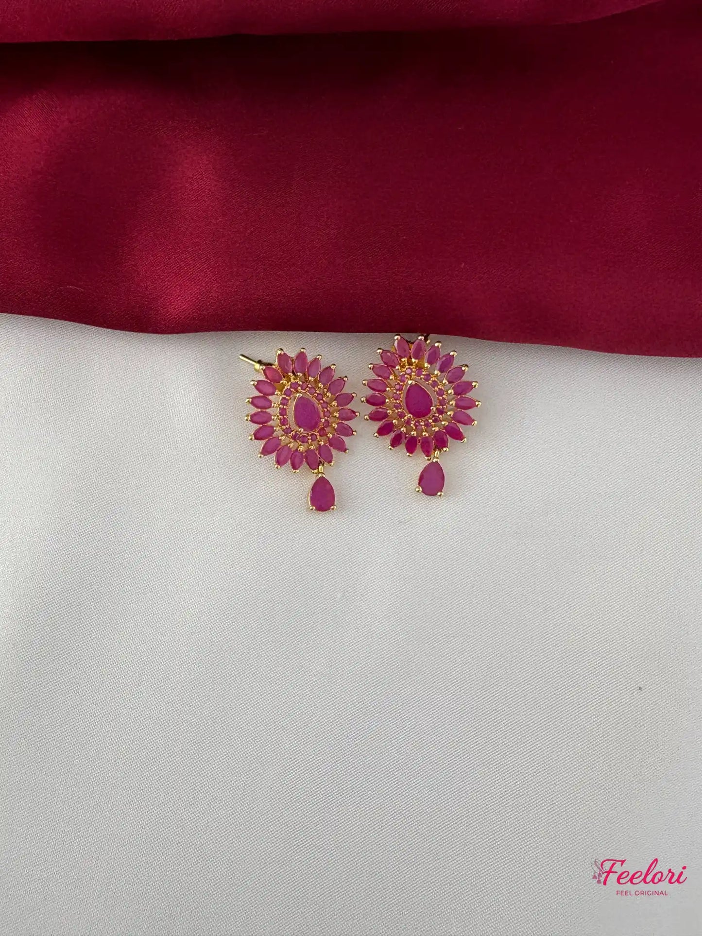 FeelOri Gold Plated Ruby-Tone Petal Necklace Set - Circular Pendant Design - FeelOri Indian fashion jewellery view 3