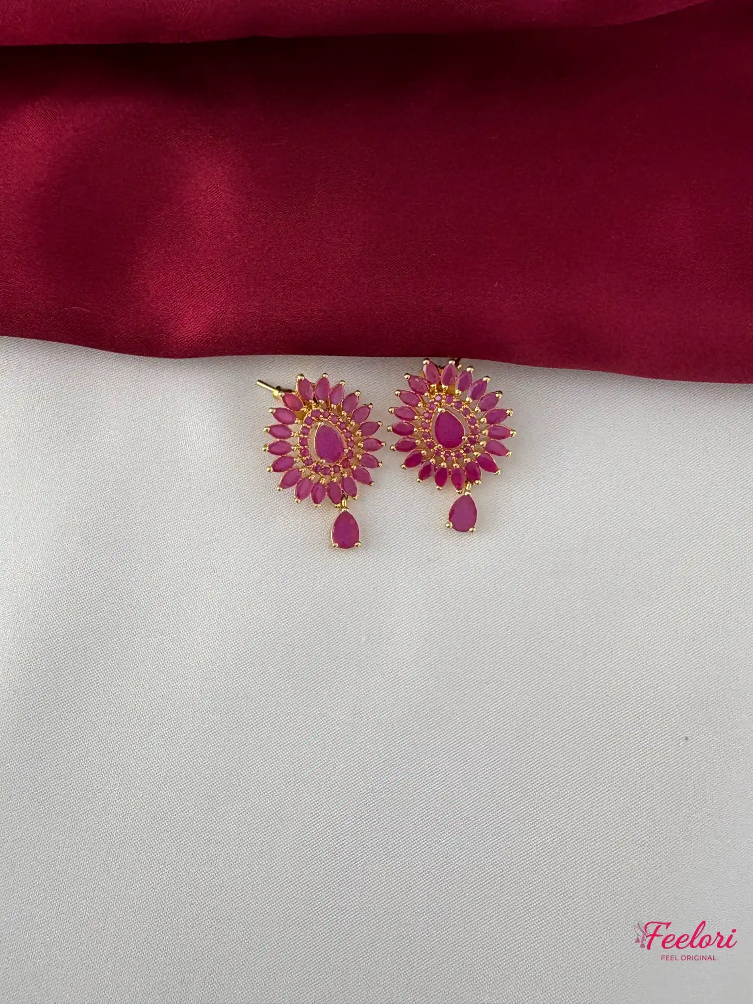 FeelOri Gold Plated Ruby-Tone Petal Necklace Set - Circular Pendant Design - FeelOri Indian fashion jewellery view 3