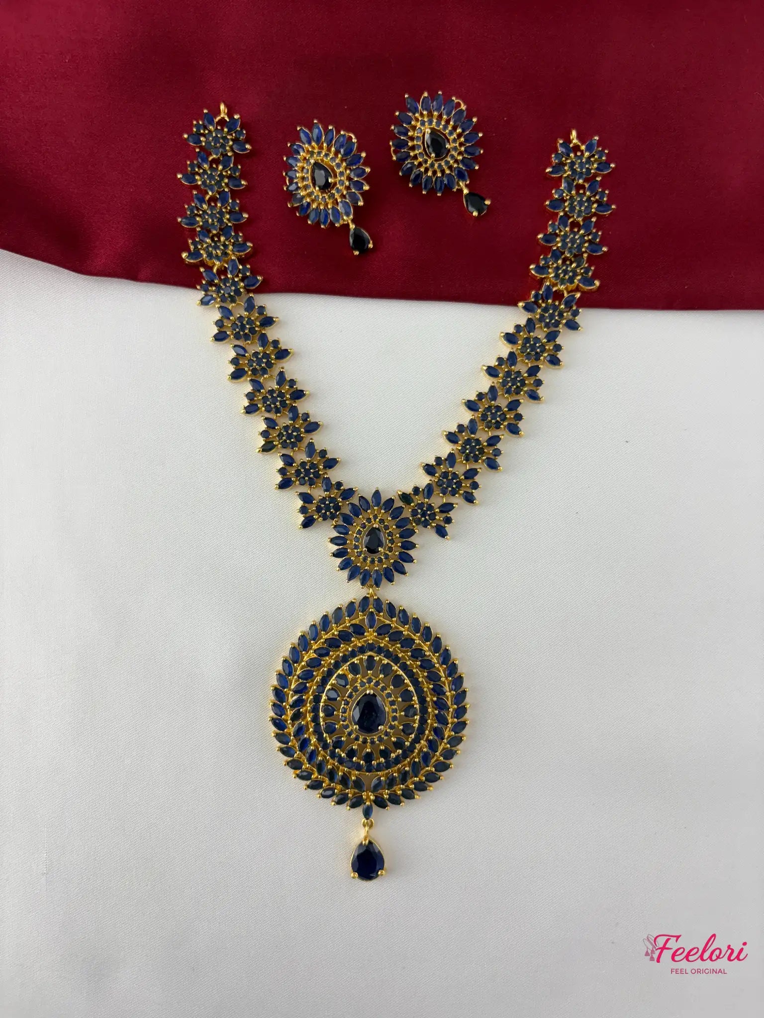 FeelOri Gold Plated Sapphire Mandala Necklace and Earring Set - Full view showcasing intricate floral chain and multi-layered circular pendant.