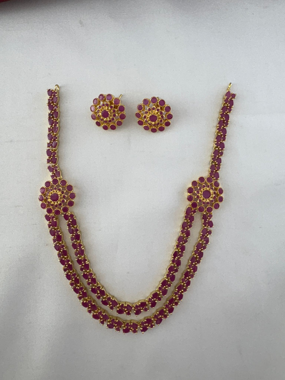 FeelOri Gold Plated Ruby-Tone CZ Short Necklace Set for everyday wear, shown on a plain white background. Elegant FeelOri jewelry.