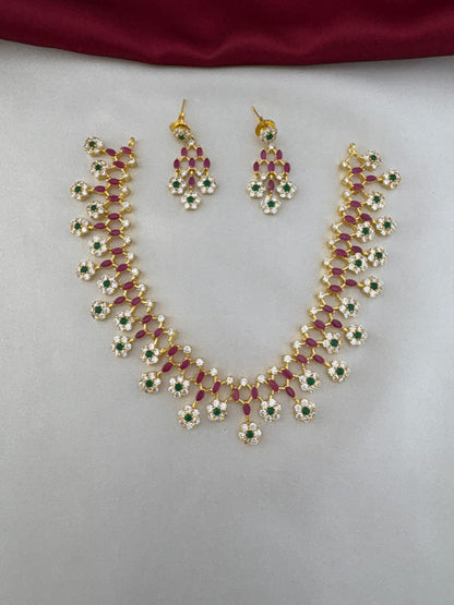 FeelOri Jewel Tone Majesty Multi-Color AD Short Necklace Set with matching earrings featuring ruby, emerald, and clear stones.