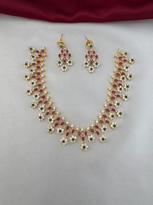 FeelOri Jewel Tone Majesty Multi-Color AD Short Necklace Set with matching earrings featuring ruby, emerald, and clear stones.