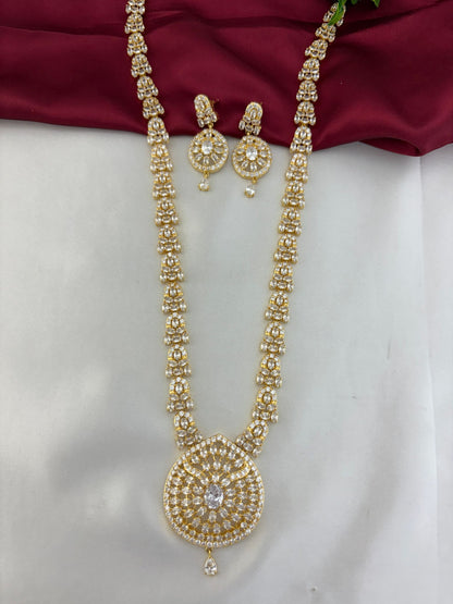 FeelOri Luminous Cascade White AD Long Necklace and Earring Set - Full jewelry set displayed.