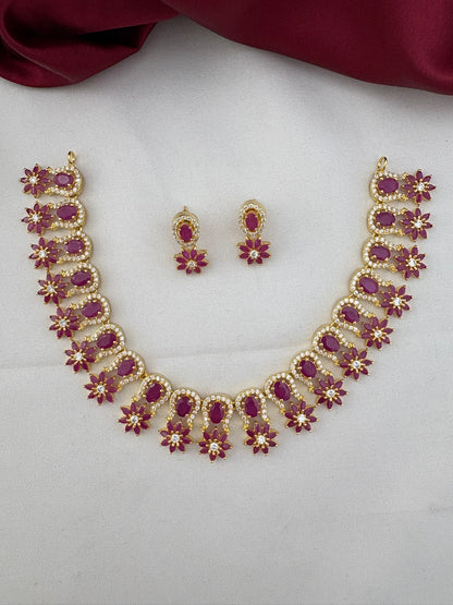 FeelOri Metro Gleam Ruby & AD Geometric Necklace and Earrings Set - Full View