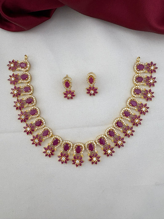 FeelOri Metro Gleam Ruby & AD Geometric Necklace and Earrings Set - Full View
