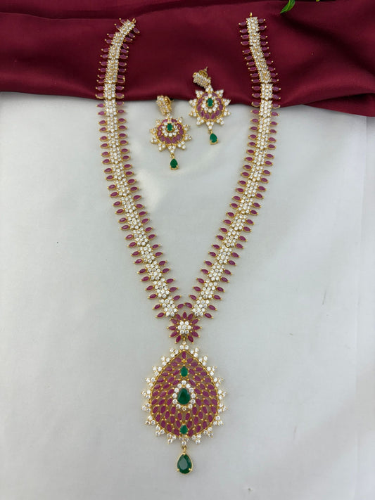 Feelori Monochrome Éclat Multi Color AD Long Necklace and Earring Set - Full view featuring the intricate design with red, green, and white American Diamonds.