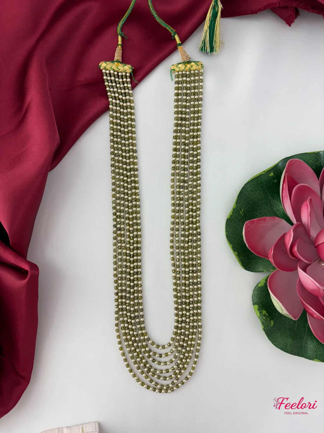 FeelOri Mother of Pearls Beaded Mala Necklace - Angled view highlighting the luminous natural pearls and intricate clasp detail.