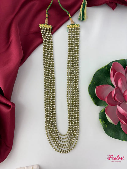 FeelOri Mother of Pearls Beaded Mala Necklace - Angled view highlighting the luminous natural pearls and intricate clasp detail.