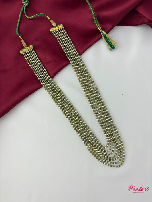 FeelOri Mother of Pearls Beaded Mala Necklace - Front view showcasing the elegant multi-strand drape and green dori.