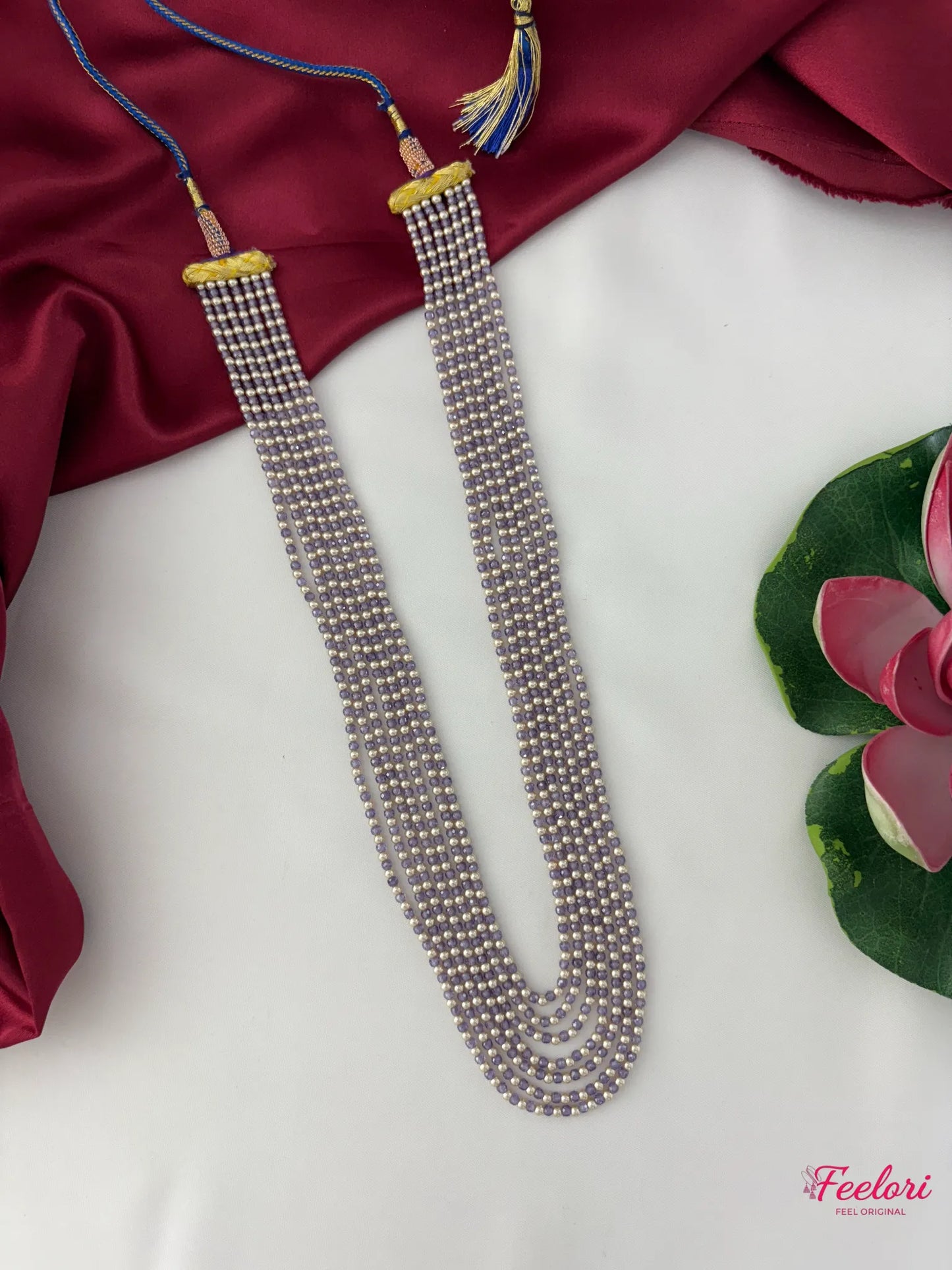 FeelOri Mother of Pearls Multi-Strand Beads Mala Necklace - Front view displaying the elegant drape of seven lustrous pearl strands.