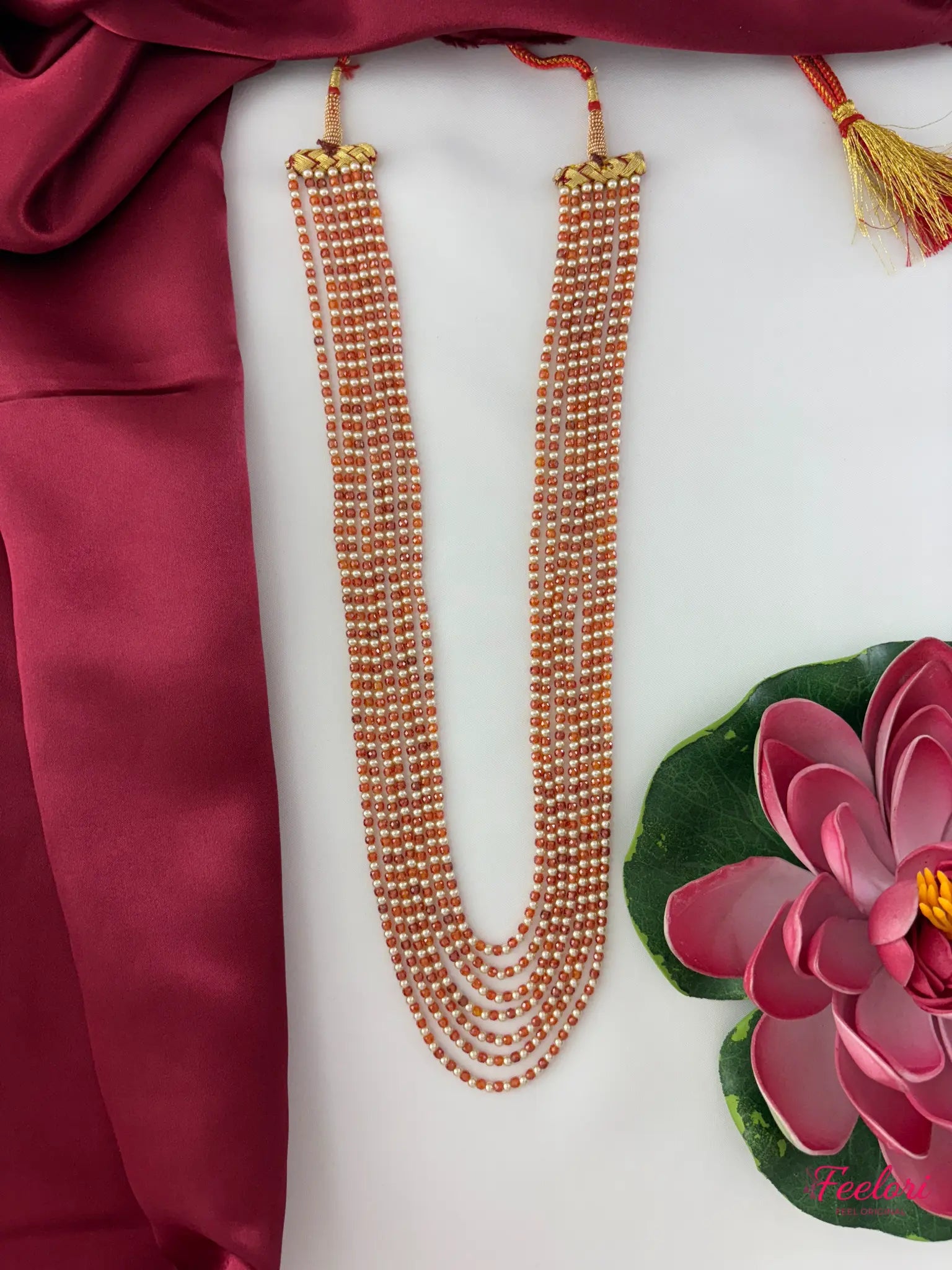 FeelOri Mother of Pearls & CZ Beaded Mala - Front view showcasing its elegant multilayered design with alternating pearl and CZ strands.