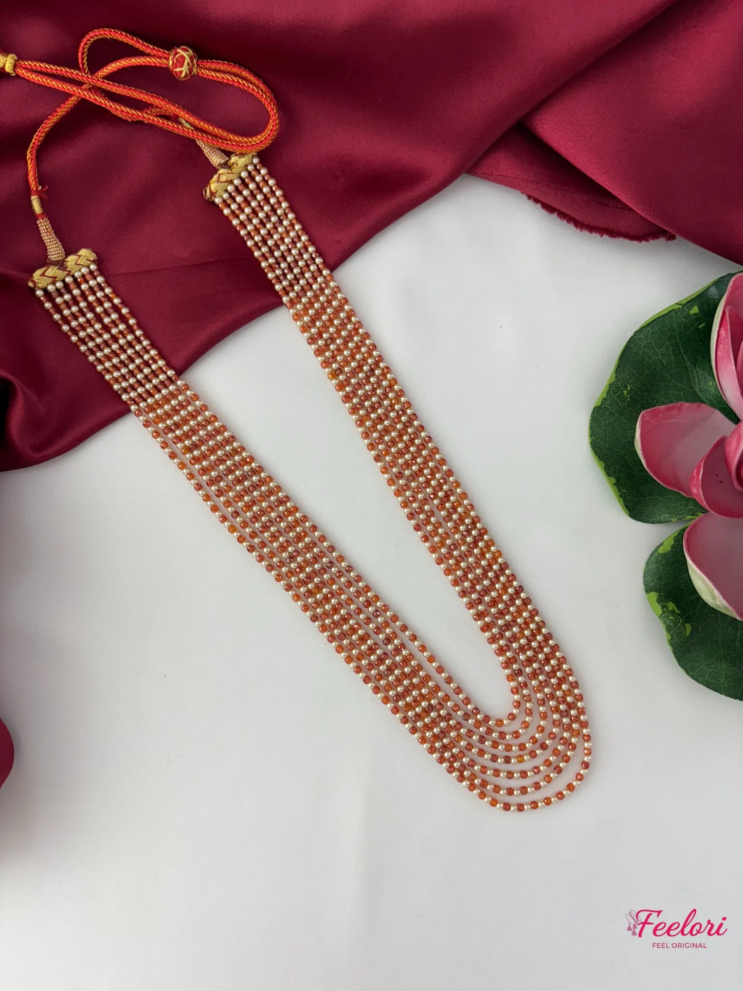 FeelOri Mother of Pearls & CZ Beaded Mala - Angled view displaying the rich texture of the genuine Mother of Pearls and sparkling CZ stones.