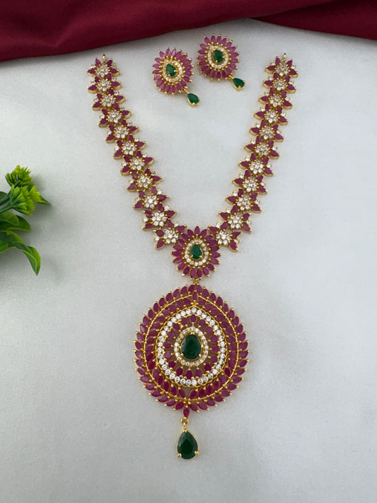 FeelOri Oceanic Dream Blue & Green AD Stone Short Set - Full view of the necklace with large pendant and matching earrings, showcasing pink and green AD stones in a traditional design.