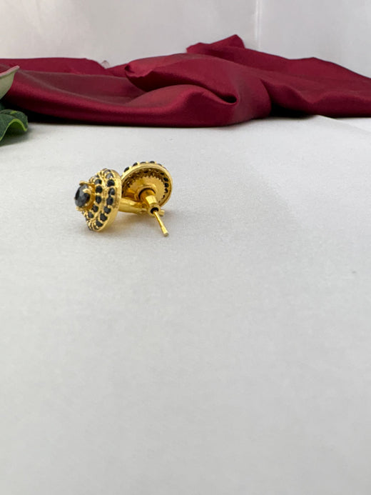 FeelOri Onyx Glow black square cut AD stud earrings angled view displaying gold post and secure back fitting
