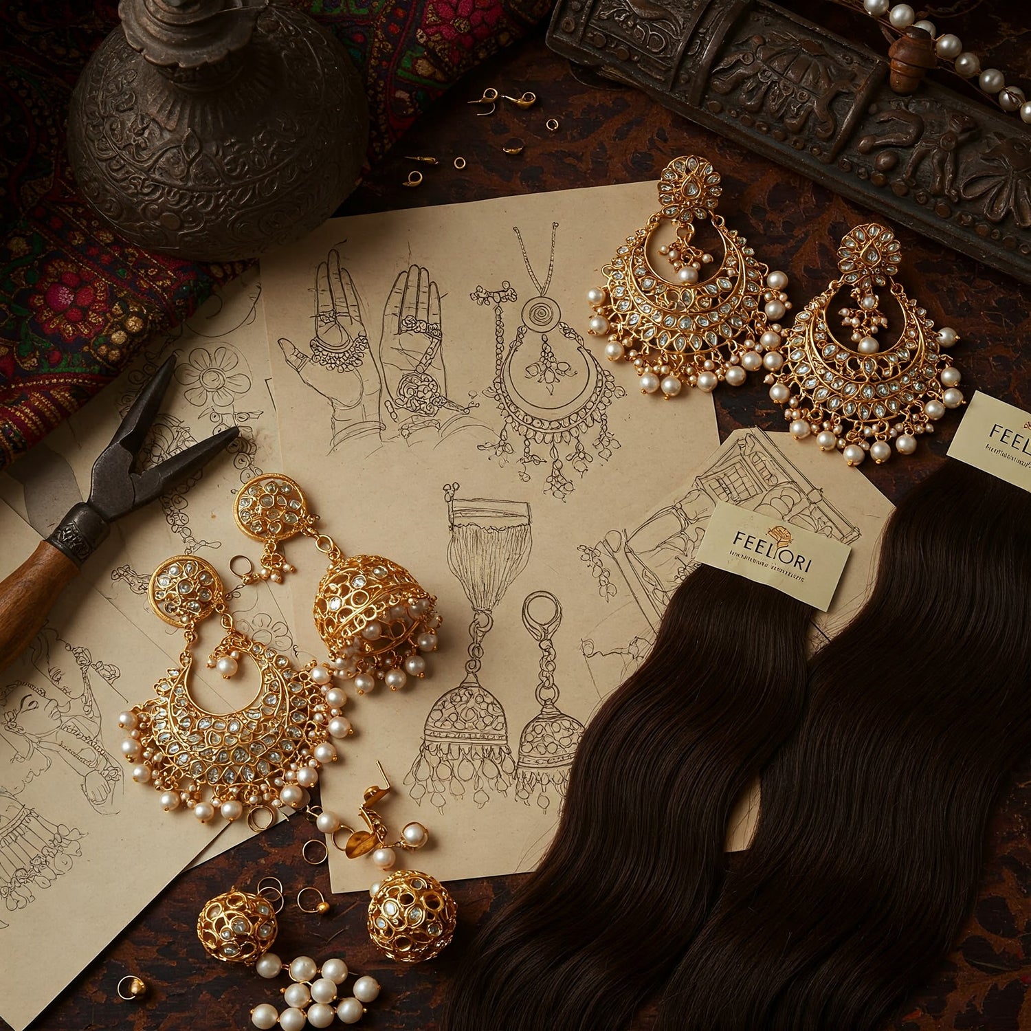 Evocative flat lay representing Feelori's story, showing elements of heritage, craftsmanship, sketches, and modern fusion jewelry/hair extensions.