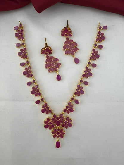 FeelOri Party Wear Original Ruby Short Necklace Set - Alternate full view of necklace and earrings, slightly spread.