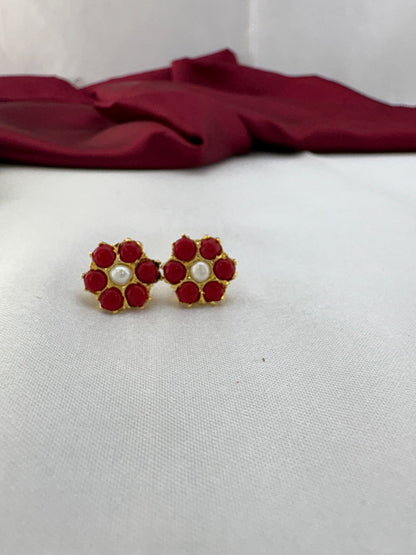 FeelOri Passionate Ruby Hue red AD stud earrings pair featuring intense ruby red gemstones in romantic cluster design