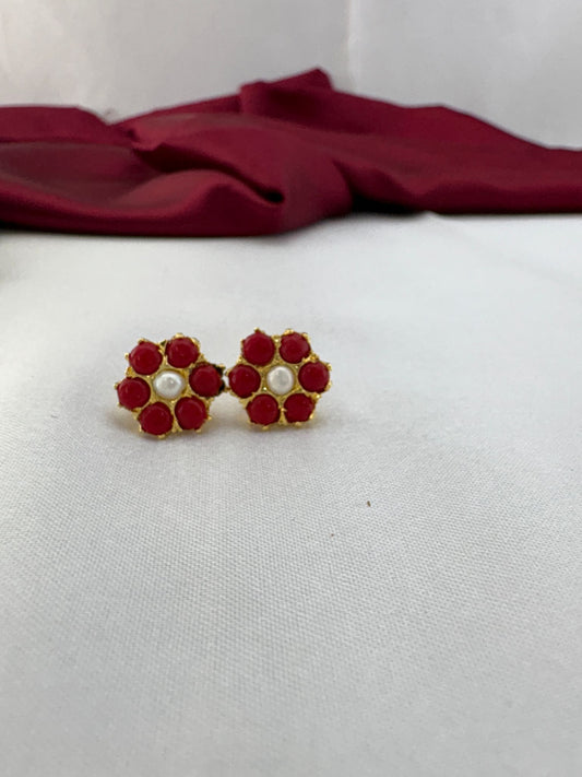 FeelOri Passionate Ruby Hue red AD stud earrings pair featuring intense ruby red gemstones in romantic cluster design