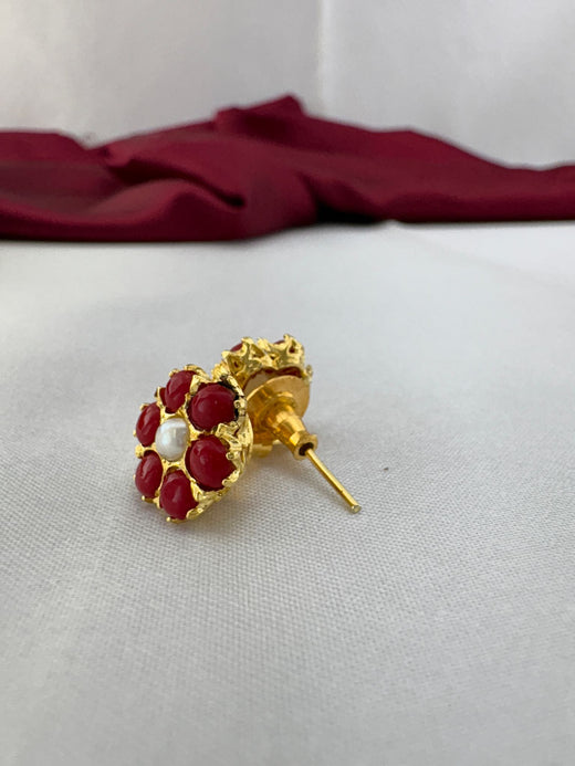 FeelOri Passionate Ruby Hue red AD stud earrings side angle showing gold post construction and premium back fitting