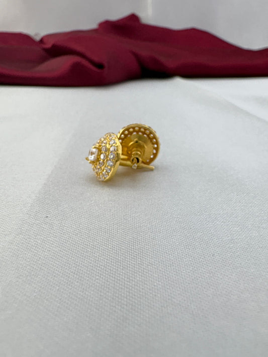 FeelOri Pure Brilliance white cushion cut AD solitaire studs angled view displaying gold post and premium back fitting