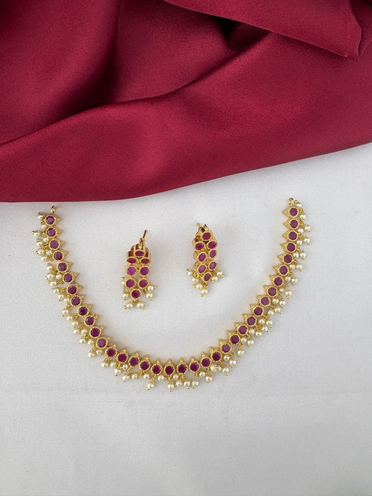 feelori Radiant Original Ruby Short Necklace Set for Andhra Brides - Flat lay view