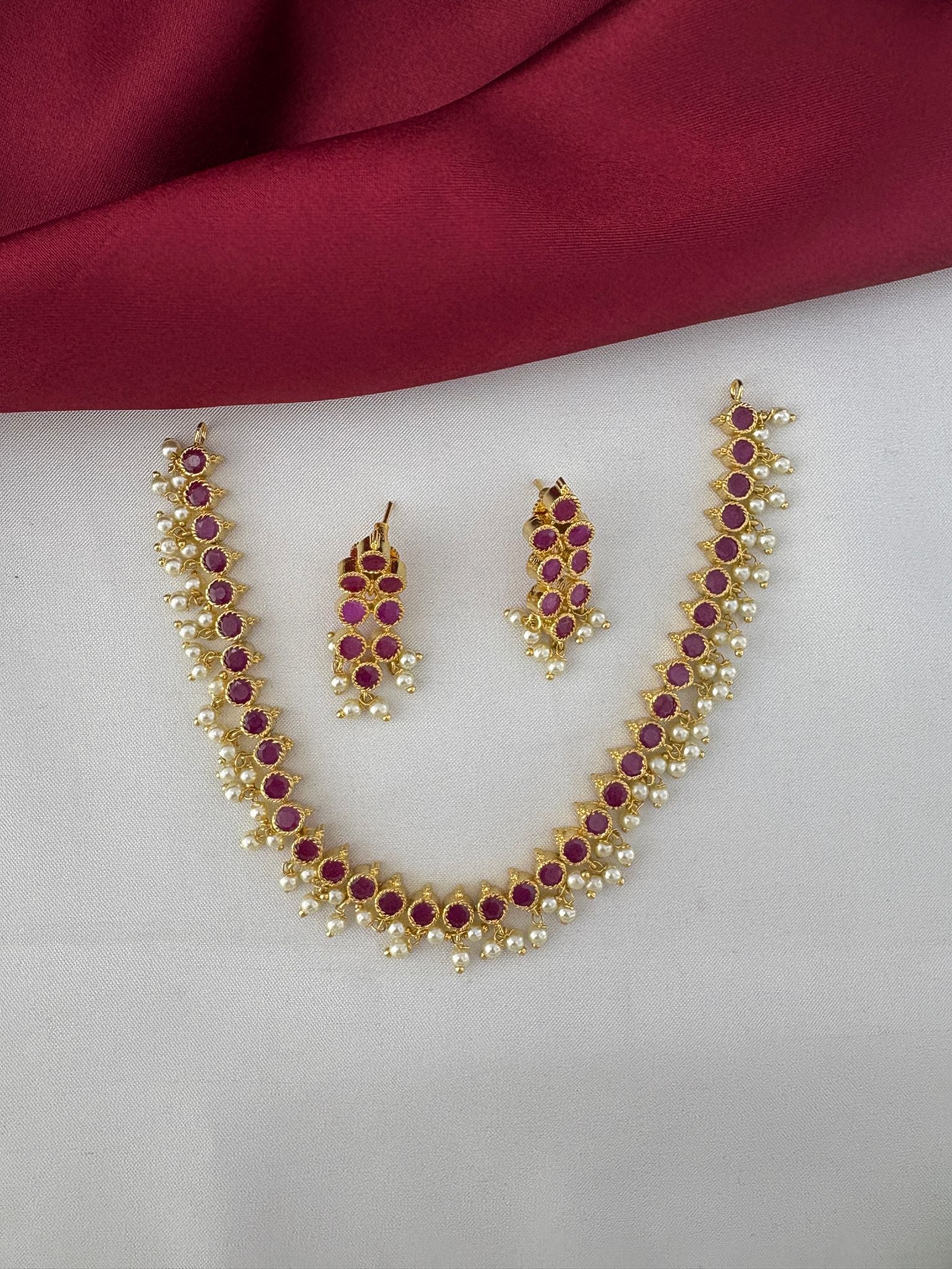 feelori Radiant Original Ruby Short Necklace Set for Andhra Brides - Full jewelry set view