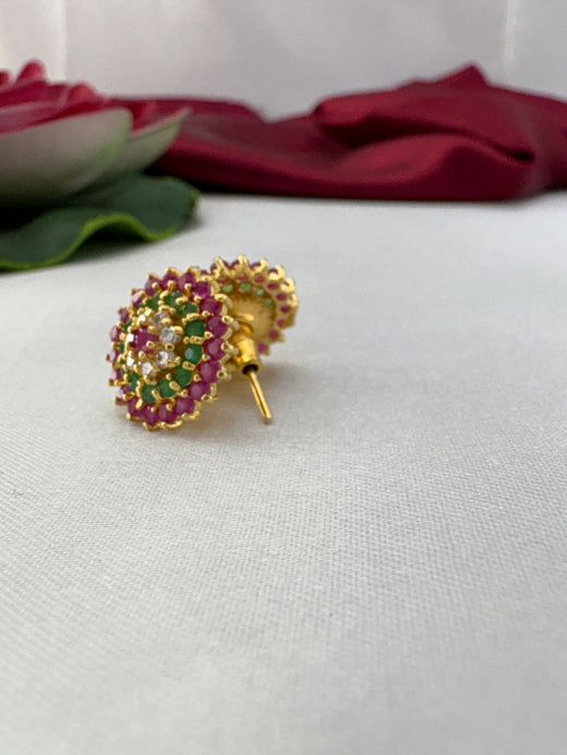 FeelOri Rainbow Radiance multi-color AD stud earrings angled view displaying gold post construction and back mechanism
