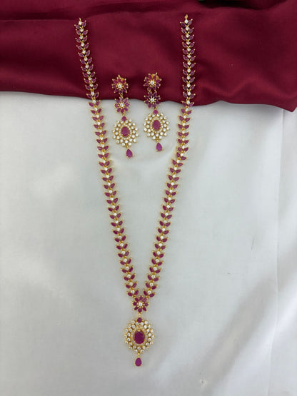 Full view of the FeelOri Regal Ruby Bloom AD Cluster Long Necklace & Earring Set.