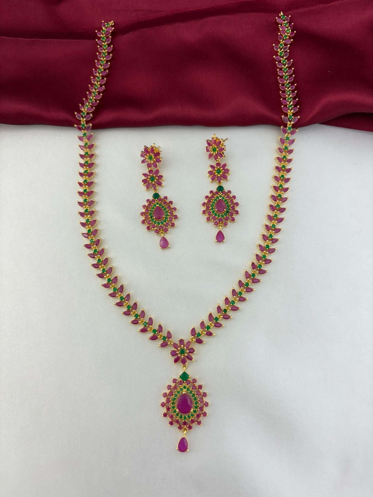 Alternate view of the FeelOri Royal Garden Ruby & Emerald Floral Long Necklace & Earring Set.