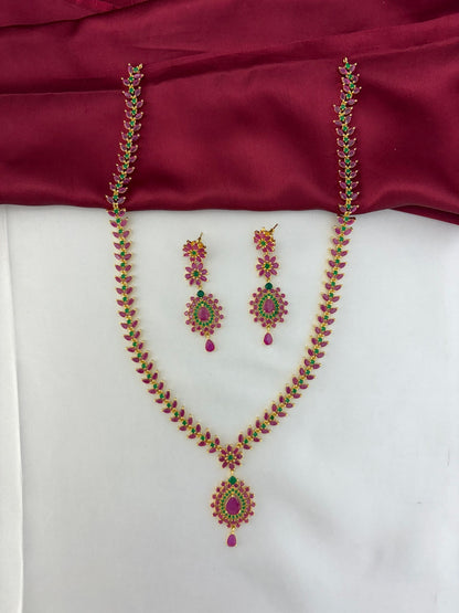 FeelOri Royal Garden Ruby & Emerald Floral Long Necklace & Earring Set - main view showing necklace and earrings.
