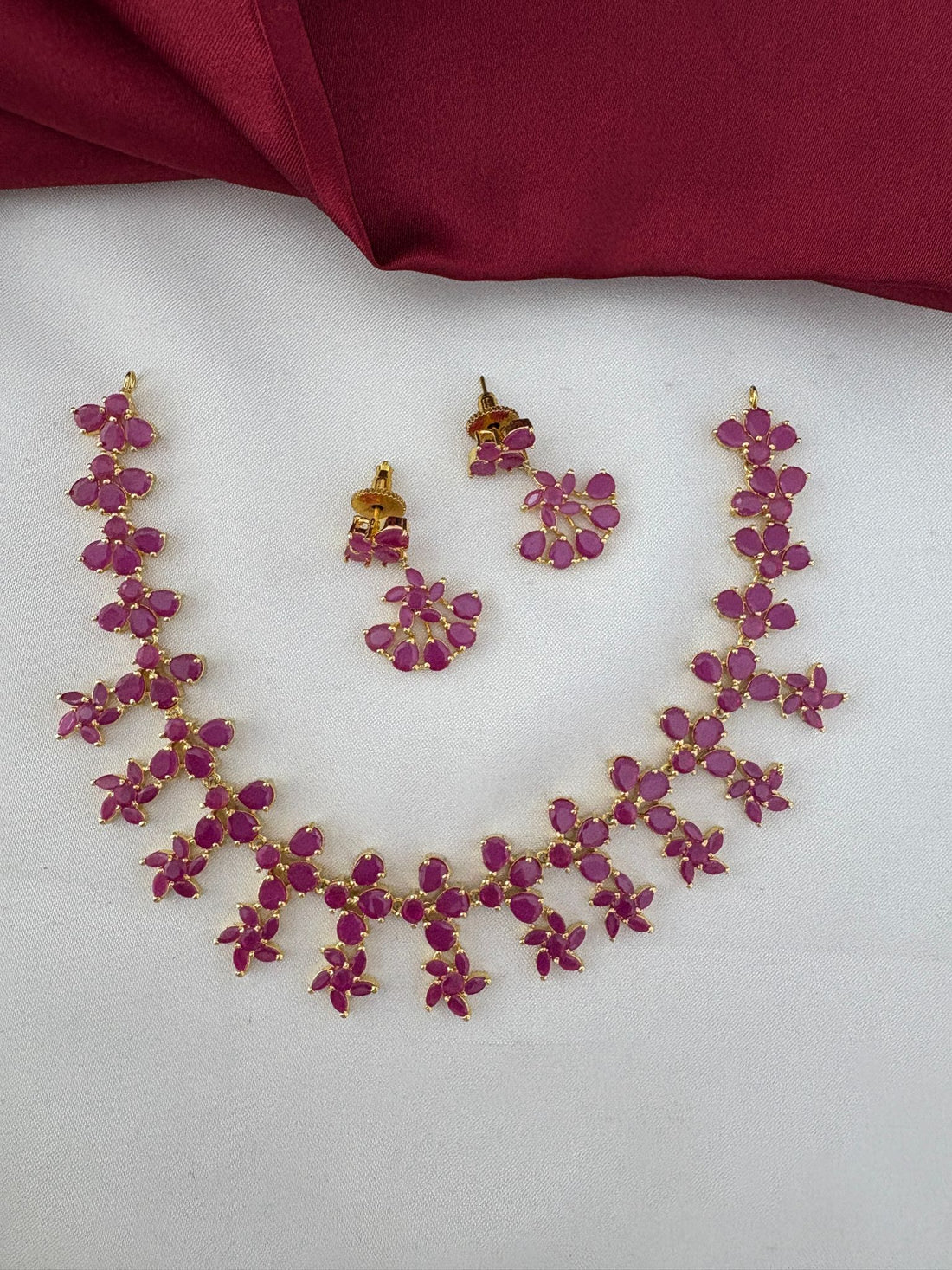 FeelOri Exclusive Ruby-Tone CZ Short Necklace Set - Designer Wear - Alternate full view of necklace and earrings.