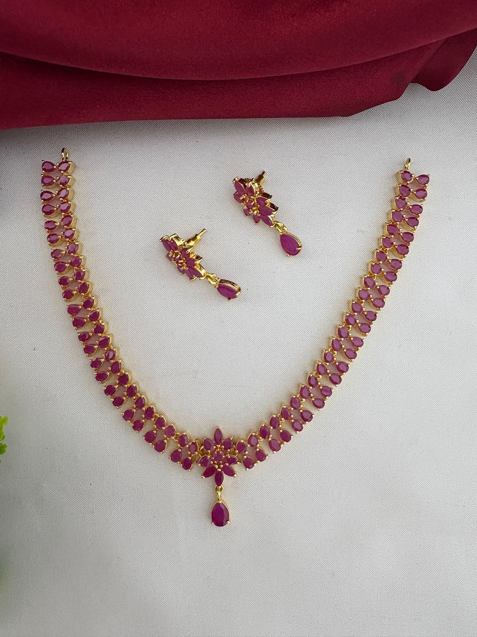 FeelOri Stunning Original Ruby Short Necklace Set - Full view of necklace and earrings on white background.