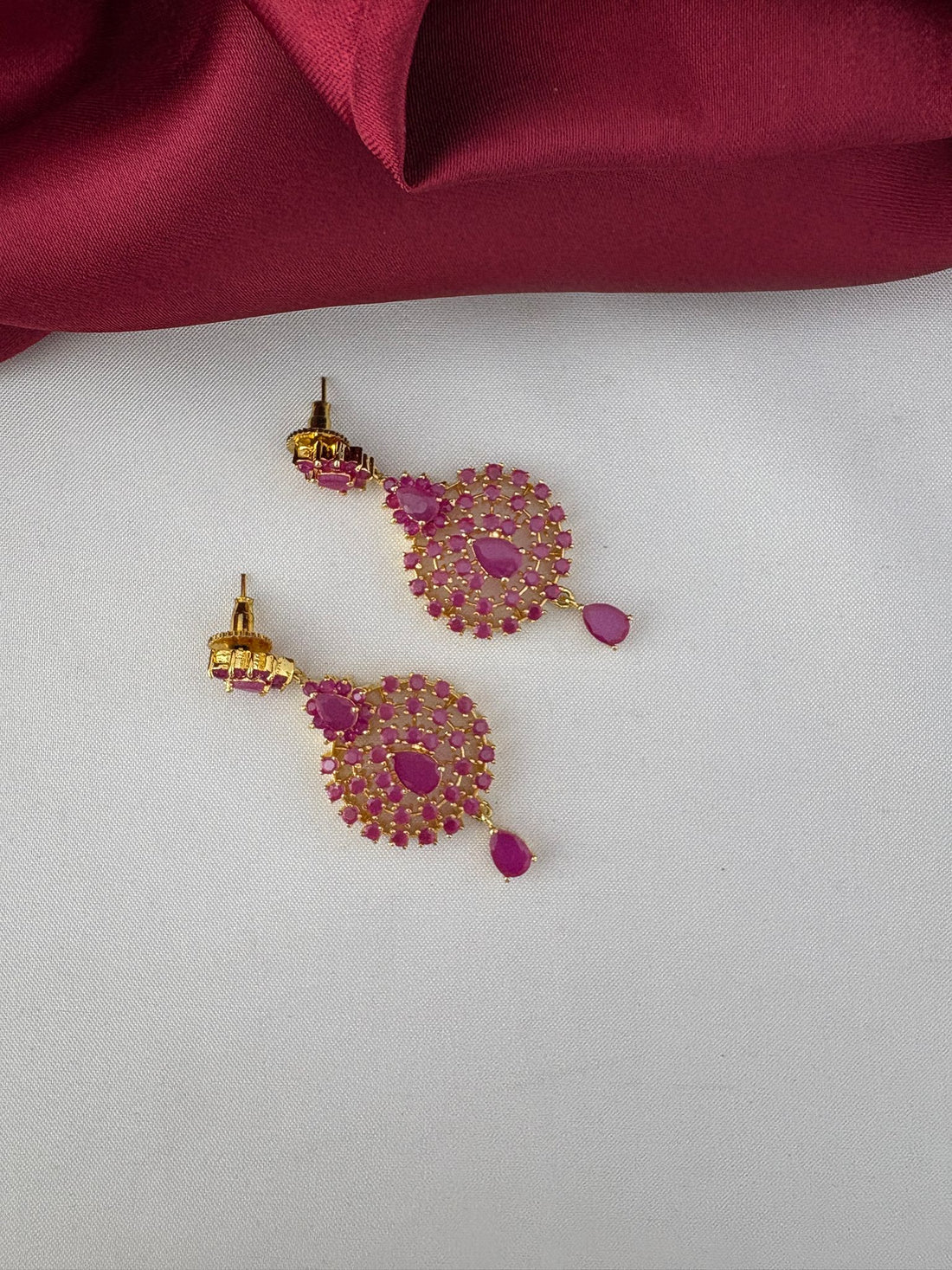 FeelOri Ruby-Tone CZ Short Necklace Set - Detailed close-up of the ruby stone earrings.