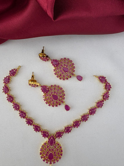 FeelOri Original Ruby Short Necklace Set - Necklace and earrings displayed showing full length and design.