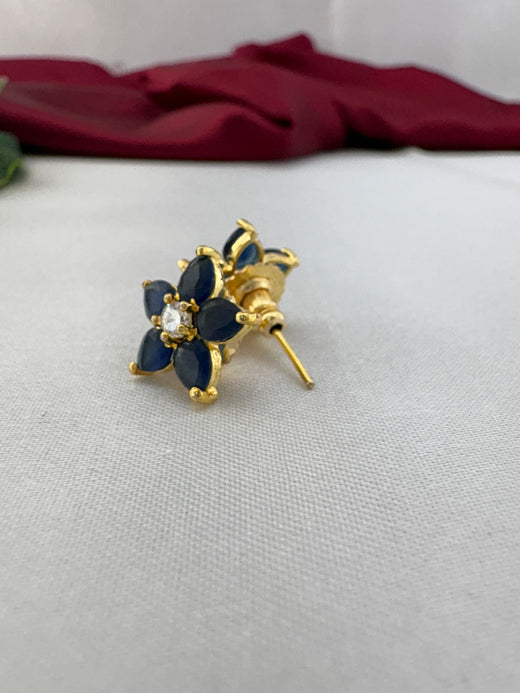 FeelOri Sapphire Blue classic AD stud earrings side angle showing gold post mechanism and premium back fitting