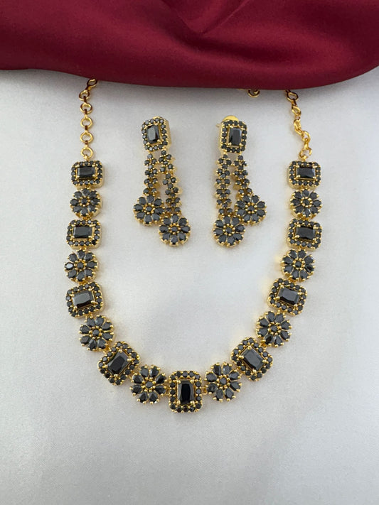 FeelOri Shadow Bloom Black AD Floral Short Necklace and Earrings Set by feelori - main view.